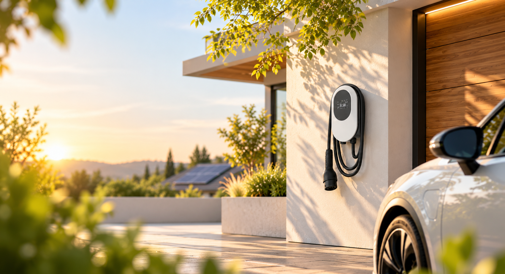 Stație de încărcare ONE cu cablu Type 2, montată pe peretele unei locuințe, lângă o mașină electrică