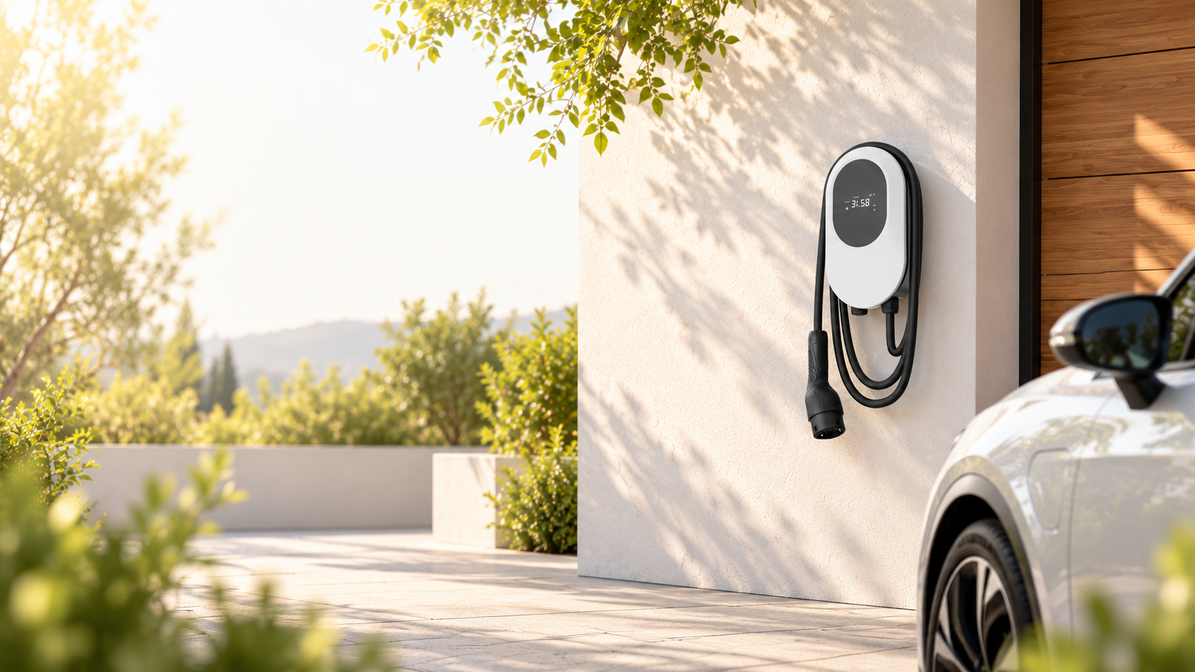 Stație de încărcare ONE cu cablu Type 2, montată pe peretele unei locuințe, lângă o mașină electrică