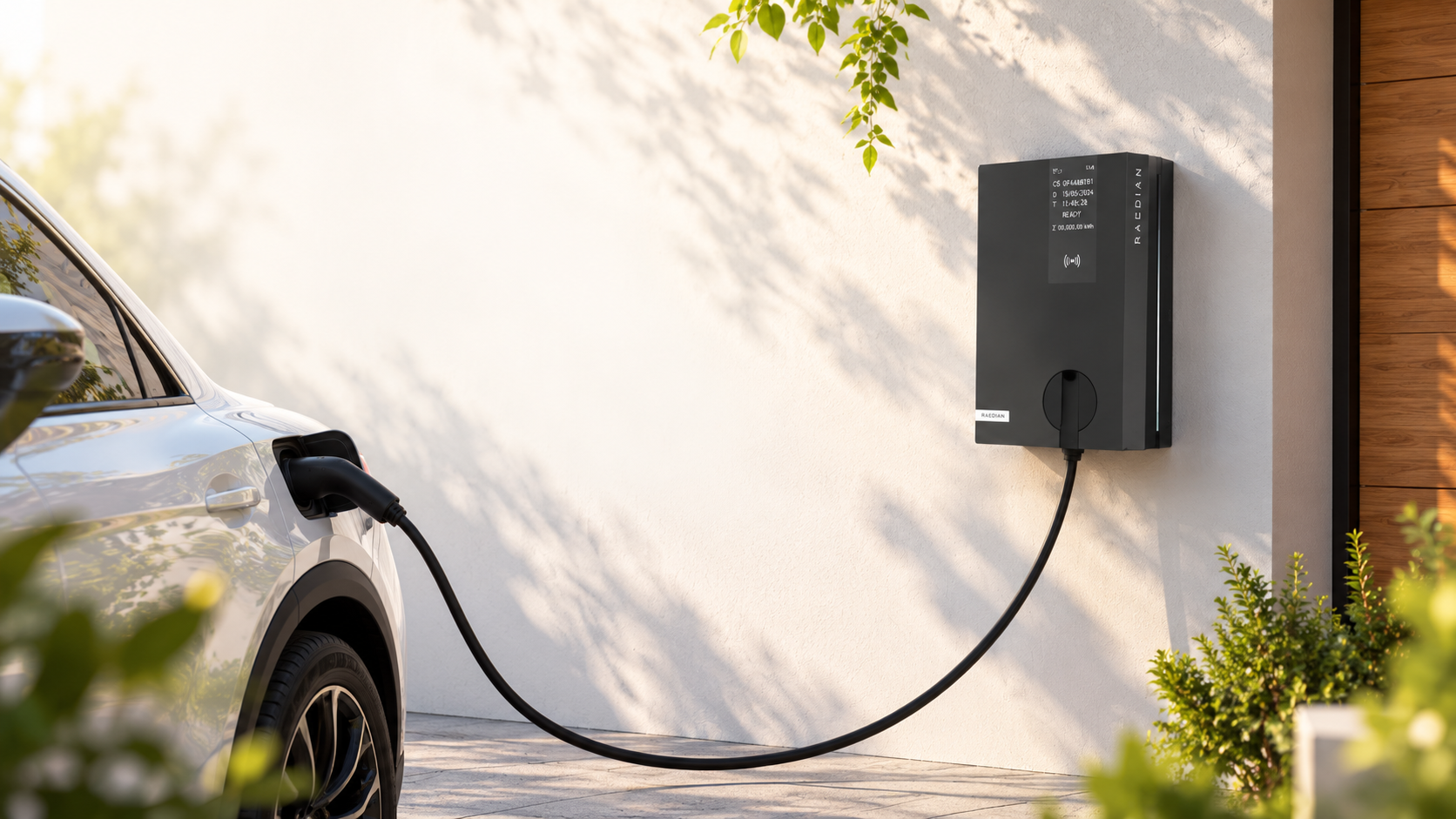 Stație de încărcare RAEDIAN NEO Plus 22 kW cu priză Type 2 montată pe perete, lângă un automobil electric