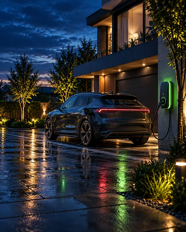 Mașină electrică la o stație AC montată pe peretele unei locuințe