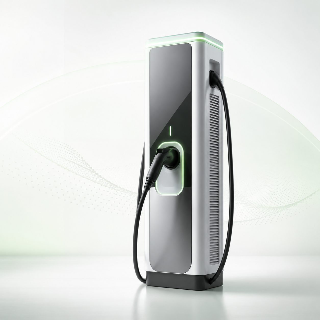 Stație de încărcare EV premium, fără brand, cu accent verde și design modern