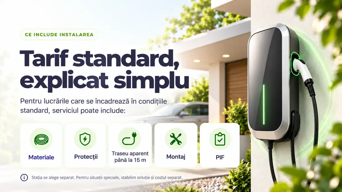 Tarif standard instalare stație AC: materiale, protecții, traseu aparent până la 15 metri, montaj și punere în funcțiune; stația se achiziționează separat