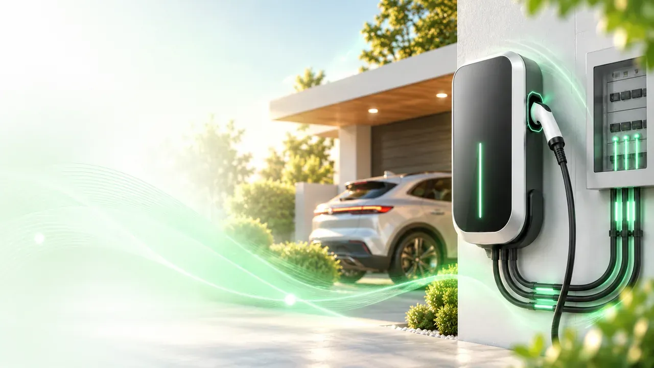 Randare ilustrativă a unei stații AC la o locuință, cu un vehicul electric