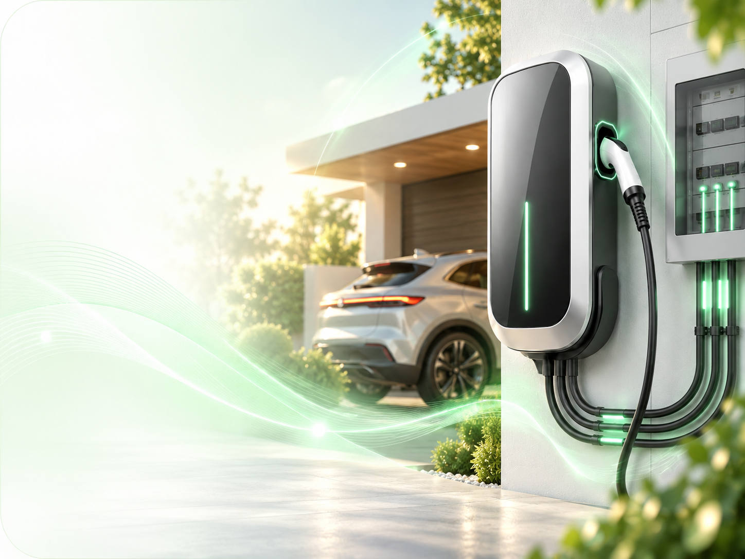 Stație de încărcare AC la o locuință, lângă o mașină electrică; randare ilustrativă